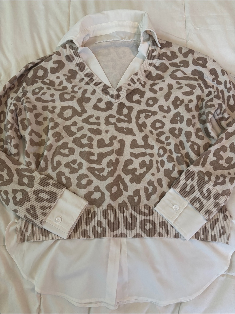 Neutrals Leopard Print V-Neck Sweater with Attached White Shirt
